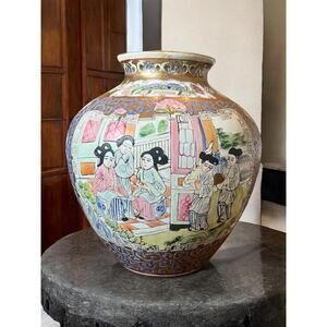 Chinese Hand Painted Vase-Famille Rose-Macau Porcelain-Oriental-Asian-Geisha
